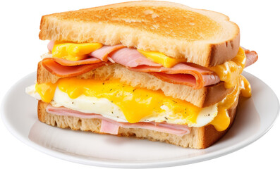 egg and ham with cheese sandwich isolated on transparent or white background 