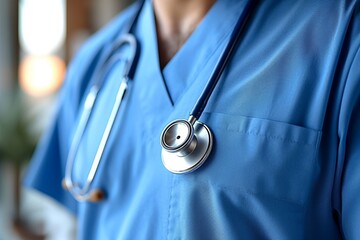 Image captures a healthcare worker in blue medical scrubs with a prominently displayed stethoscope