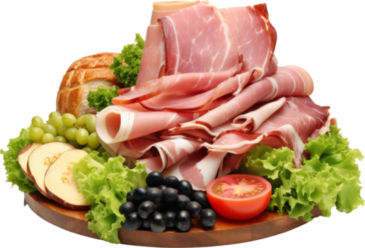 board of ham,cold cuts board isolated on transparent or white background 