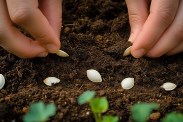 Close-up of hands nurturing and methodically planting seeds in the ground, signifying agriculture and growth