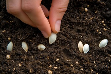 Hand placing seeds gently into dark, nutrient-rich soil, depicting the initial stages of plant growth