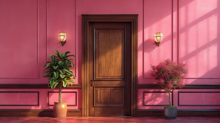 Elegant interior design with wooden door and vibrant plant in a classic setting