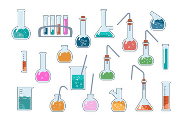 Transparent glass flasks and retorts, glassware for the chemical laboratory. Test tubes for scientific research. Chemical equipment for experiments. Vector illustration in a flat doodle style.