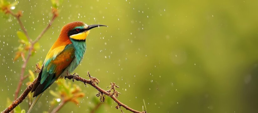 A vibrant Piciformes bird with colorful feathers perched on a twig in the rain, showcasing its beak and beauty in macro photography