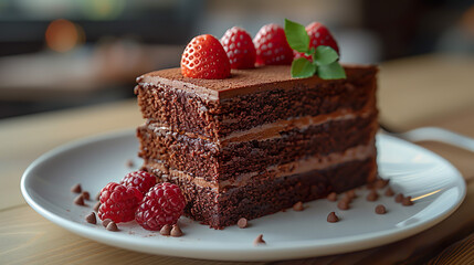 Delicious slice of chocolate cake with strawberry charm.