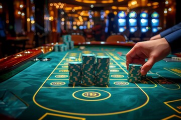Close up of a gambler's hand stacking poker chips on a green casino table, symbolizing risk and chance in gambling