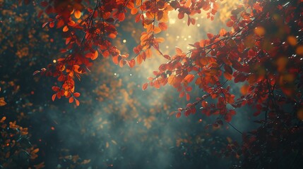 Autumn leaves in warm earthy hues illuminated by the soft glow of sunlight - obrazy, fototapety, plakaty