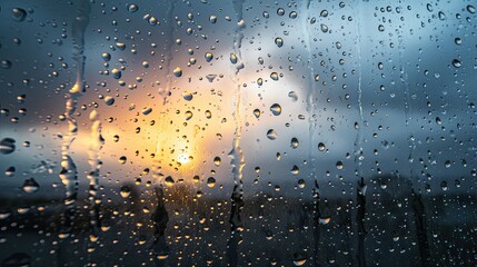Rain Drops on a Window with a Cloudy Sky 
