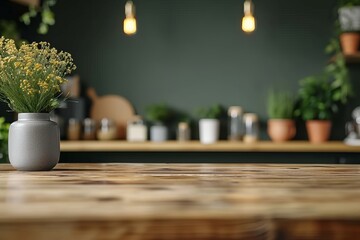Warm wood textured surface with a clear vase filled with flowers, set against a fuzzy modern kitchen backdrop - obrazy, fototapety, plakaty