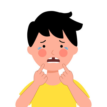 Crying boy child missing tooth in flat design on white background. Dental problem.
