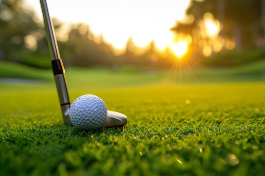 Crisp image of a golf ball close to the hole on a green fairway, basking in the warm light of the setting sun hinting at leisure and success