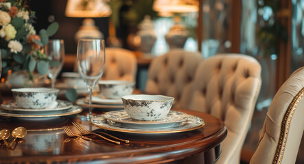 Fototapeta na wymiar The image showcases an opulent dinner table with vintage-inspired china and elegant cutlery, perfect for a chic gathering