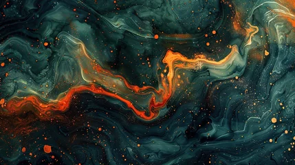 Selbstklebende Fototapeten Olive Green & Sunset Orange marble texture with gold splashes, alcohol ink watercolor background, abstract fluid art © EverydayStudioArt