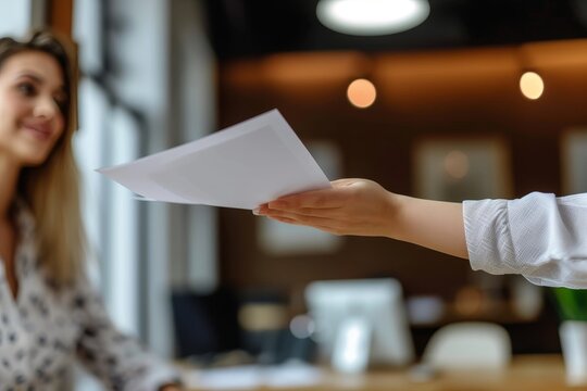 Person handing over papers from a close perspective, emphasizing the exchange between two individuals