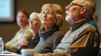 Retirees learning financial planning at workshop - obrazy, fototapety, plakaty