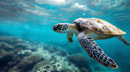 Fototapeta premium A sea turtle swimming near a shipping lane at risk of being struck by a large vessel and suffering serious injuries or death.