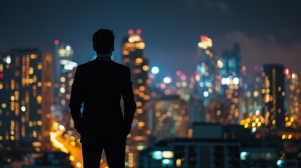 Businessman on rooftop admiring night city view
