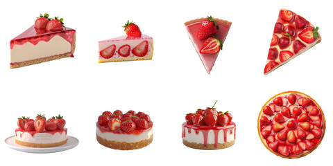 Fresh strawberry cheese cake collection set in png no background for decoration.