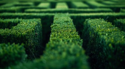 A hedge maze with complex paths and corners, testing the viewer sense of direction