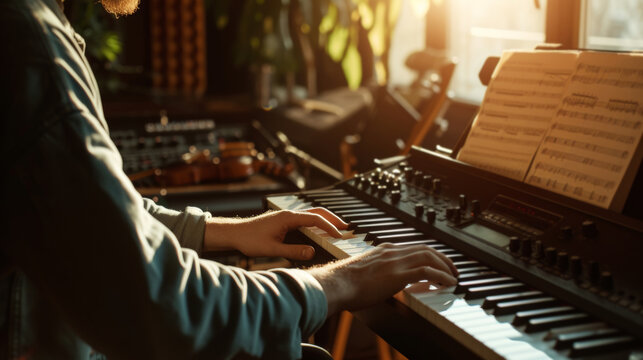 Musician creating new music in a bright studio with instruments and piano