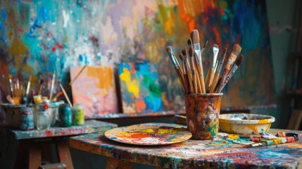 Colorful canvases and paintbrushes in artist studio showing creative inspiration