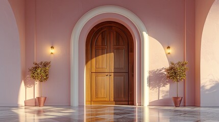Charming pastel pink archway entrance framed by lush greenery and warm sconce lighting