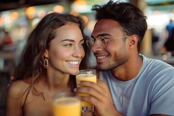 Intimate close-up of a couple sipping tropical beverages, exuding warmth and happiness
