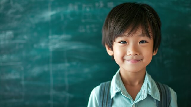 Happy cute Asian kid boy school student looking at camera at blackboard background. Smiling ethnic child pupil posing in classroom. Copy space for text.