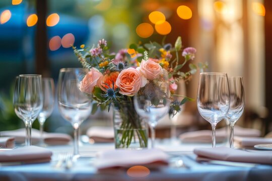 An exquisite dining scene with clear wine glasses and an artistically arranged bouquet in a well-lit setting
