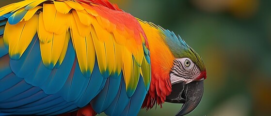 Fototapeta premium Detailed close-up of a vibrant macaw showcasing its striking plumage, reflecting the exotic beauty of wildlife