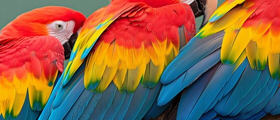 Magnificent image depicting a group of colorful macaws closely huddled, displaying their brilliant feathers