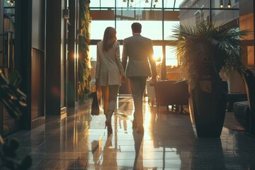 A professional man and woman are seen walking towards a sunset, captured from behind in a high-end lobby area - obrazy, fototapety, plakaty
