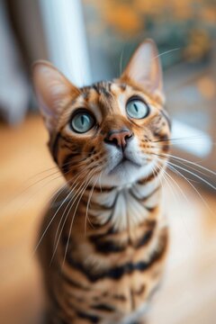 A compelling image of a Bengal cat with wide eyes and a soft expression, set against a blurred background