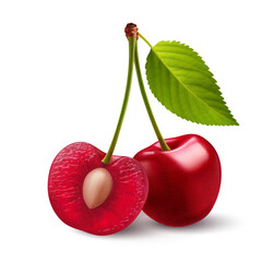 Isolated red cherries on one stem with green leaf. Two sweet cherry fruits on one stem, one cut in half with a pit - 736761680
