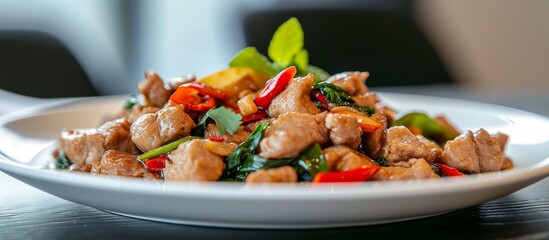 a white plate topped with chicken and vegetables on a table . High quality