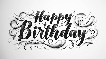 Hand-drawn 'Happy Birthday' message with swirls and flourishes, conveying warm and personal birthday wishes. - obrazy, fototapety, plakaty