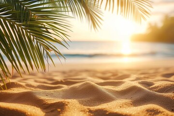 Embrace the tropical vibe with a sun-soaked sandy beach casting shadows of palm leaves, creating a perfect vacation setting - obrazy, fototapety, plakaty
