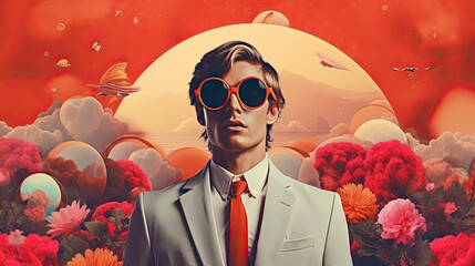 A handsome man in bright glasses on a futuristic background.