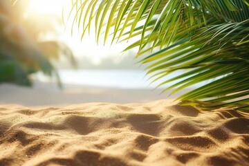 A breathtaking image capturing golden sunlight bathing a tranquil beach with palm shadows and soft...