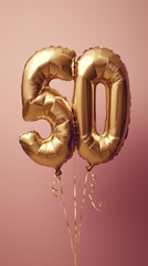 Golden number fifty balloons, a classic decoration for celebrating a 50th birthday or golden...