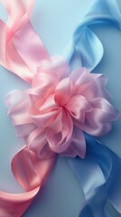 Delicate pink bow on a soft blue background, an elegant touch for celebrations and gift presentations.