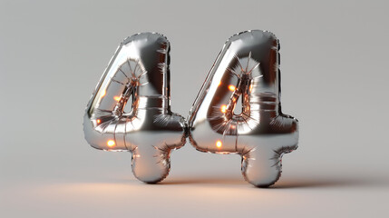 A pair of silver balloons in the shape of the number forty-four, ideal for significant birthdays or anniversaries.