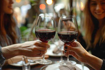 Two people clinking wine glasses in a cozy, intimate setting, focus on the foreground glasses