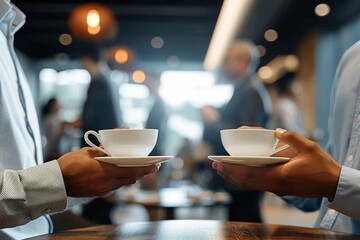 The image captures a moment of connection with two individuals holding coffee cups in the bustling environment of a café - obrazy, fototapety, plakaty