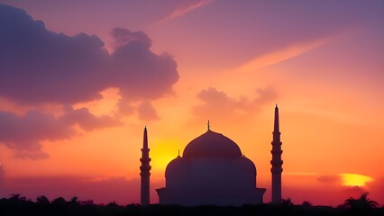 Fototapeta premium Silhouette of a mosque on a background of sunrise.