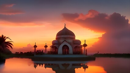 Naklejka premium Silhouette of a mosque on a background of sunrise.