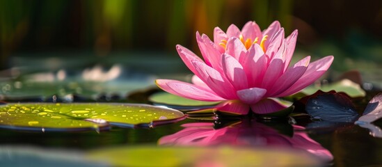 A pink lotus flower is blooming on a lily pad in a pond, showcasing the beauty of this aquatic plant from the Lotus family