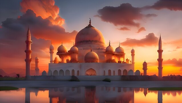 mosque on a background of sunrise. ramadan.