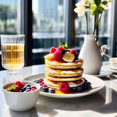 A Background with Restaurant, Honey, Pan cakes, berries