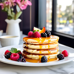 A Background with Restaurant, Drolling, Honey, Pan cakes, berries